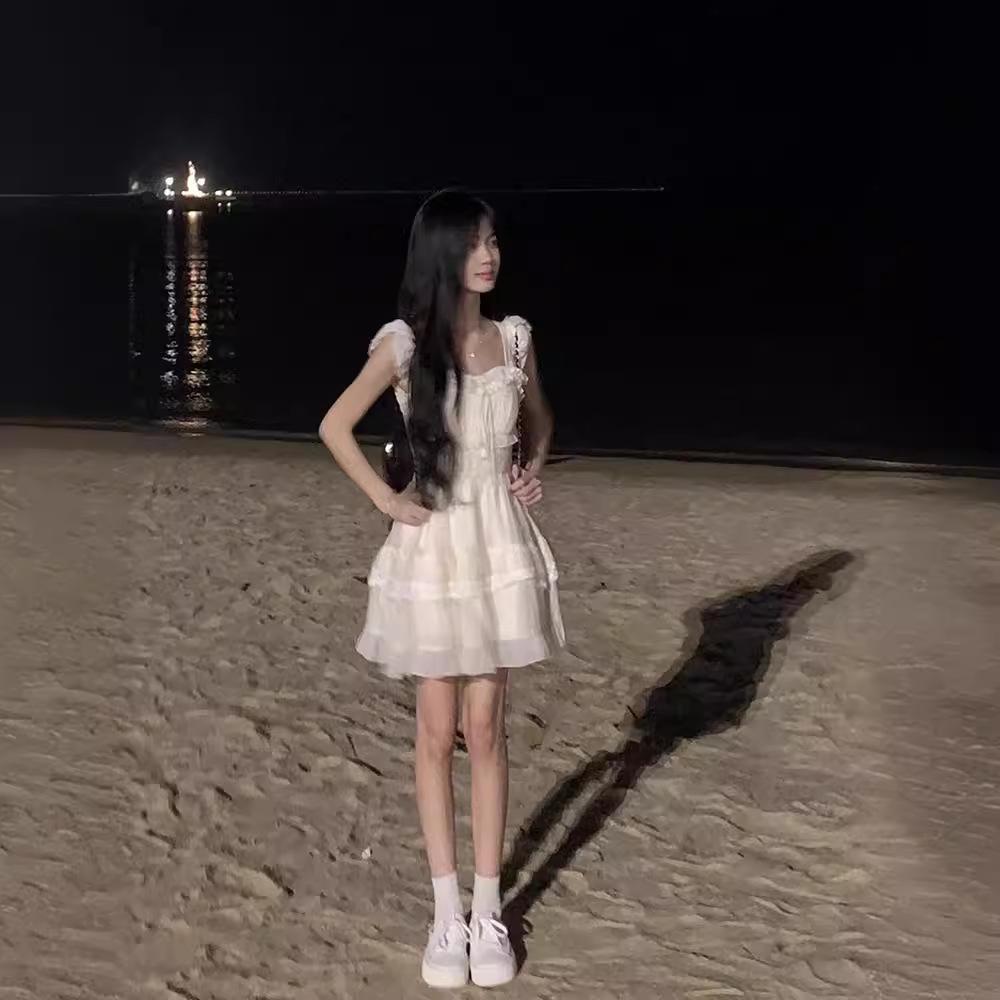 French Style Petite Waist Square Neck Cap Sleeve Dress for Women - Slimming Summer Short Dress