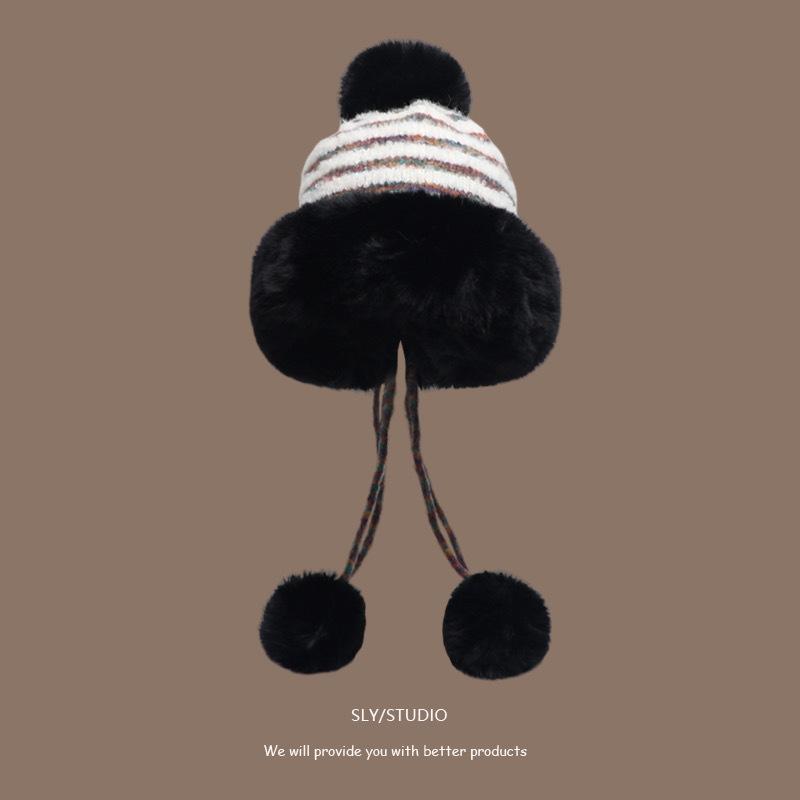 

Женская шерстяная шапка на осень и зиму, милая шерстяная шапка с помпоном, с защитой ушей, новая плюшевая теплая шапка-ушанка, кружевная вязаная шапка с помпоном One size