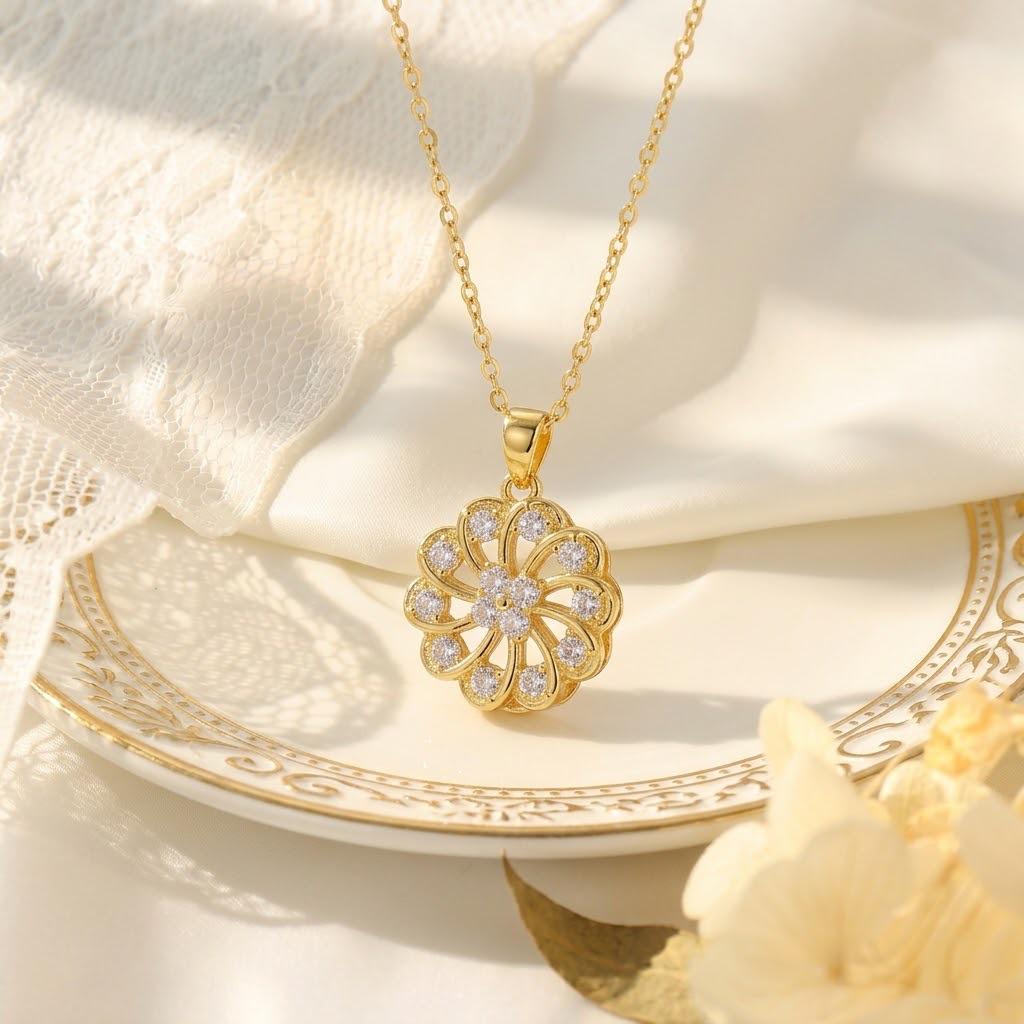 Korean Titanium Steel Necklace with Rotatable Windmill Pendant & Zirconia Pearl Clavicle Chain for Women