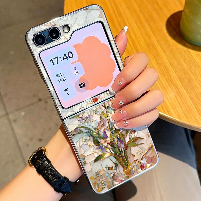 Oil Painting Flower Pattern Case For Samsung Galaxy Z FlIP 7 FE 6 5 Plating PC+PU Leather Hybrid Folding Cover For Samsung Z Flip7 Flip6 Flip5