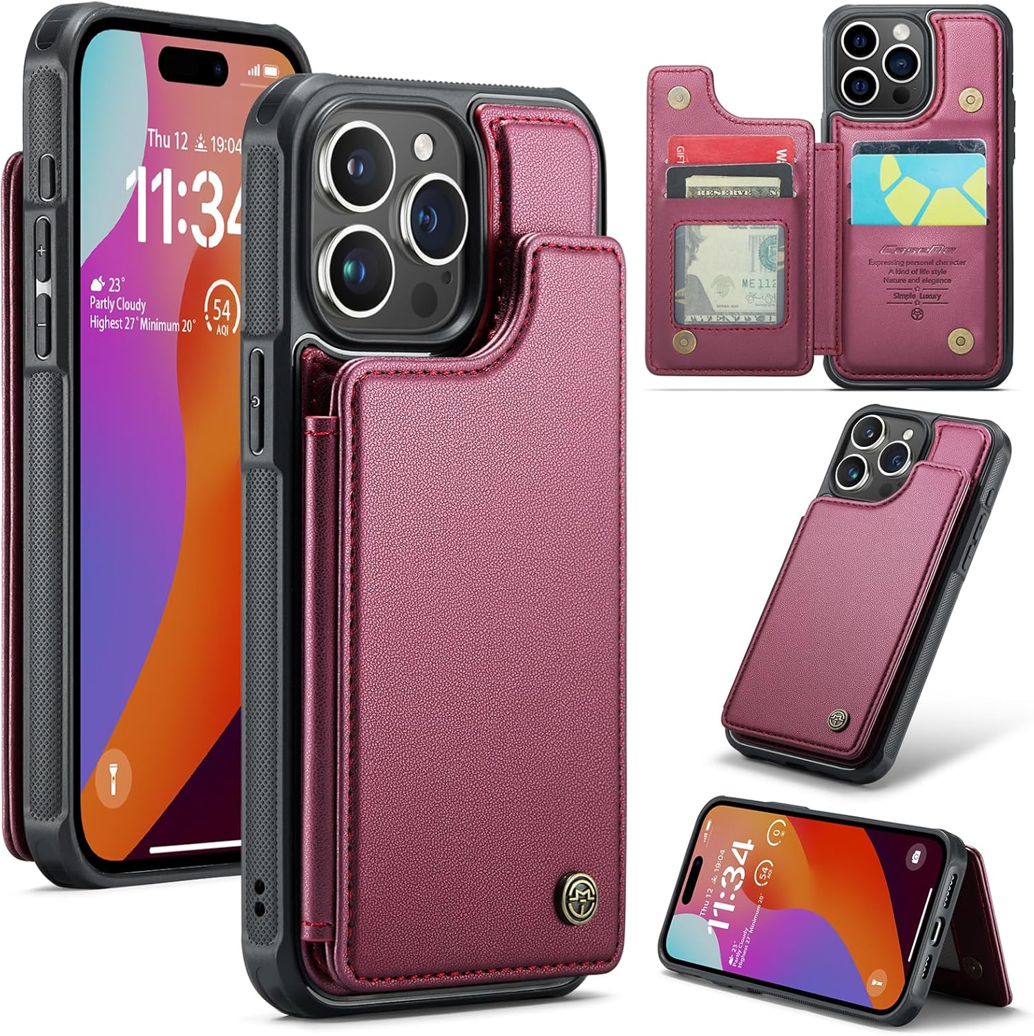 

Защитный чехол-кошелек для iPhone с держателем для карт, RFID-экранированием, мужским и женским амортизирующим кожаным держателем, прочный защитный чехол для телефона iPhone 15 Pro - 6.1 вино красного