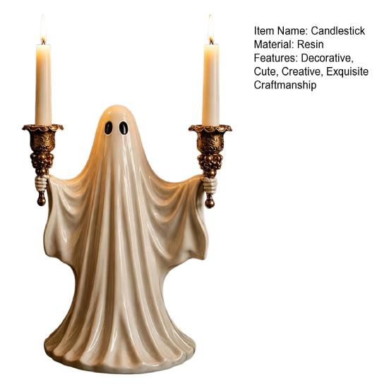 Cute Ghost Figurine Candle Holder for Halloween, Resin Tealight Candlestick, Taper Halloween Decoration Home Table Decor & Spooky Atmosphere Accessory