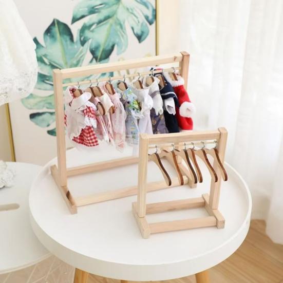 Doll Clothes Rack with Mini Hanger Wooden Girl Doll Garment Display Organizer Rack Dollhouse Clothing Wardrobe Furniture Accessories