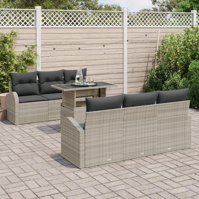 Ensemble de Canapés de Jardin 7 Pièces avec Coussins Gris Clair Poly Rattan, Canapé de Jardin 2 Places avec Rangement 3357305