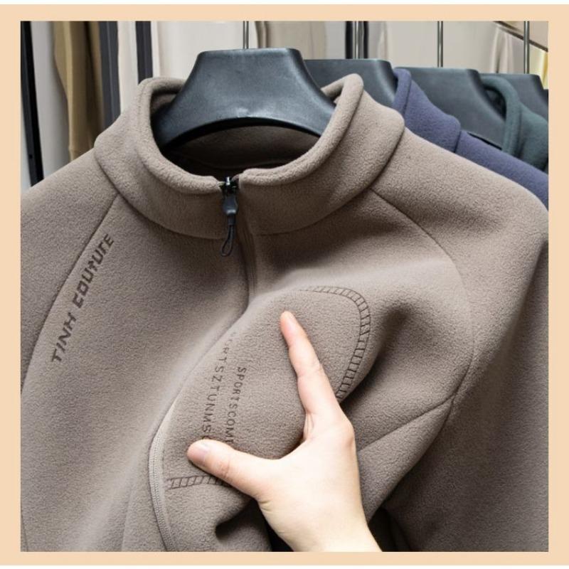 Men Dark Blue Double Sided Fleece Zip Up Stand Collar Jacket XL хаки