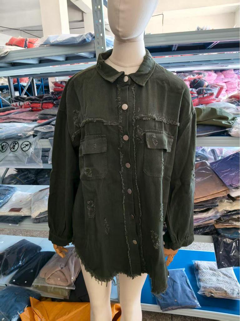 Women's Ripped Denim Jacket - Solid Color, Loose Fit, Long Sleeve, European & American Style