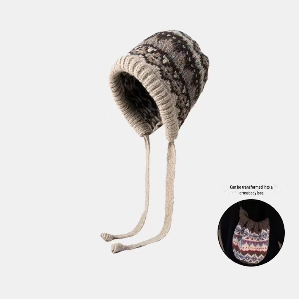 Korean Style Women's Fair Isle Winter Knit Drawstring Hat