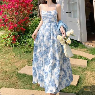 Retro Floral Sleeveless Beach Dress - Slim Fit, Versatile Vacation Style