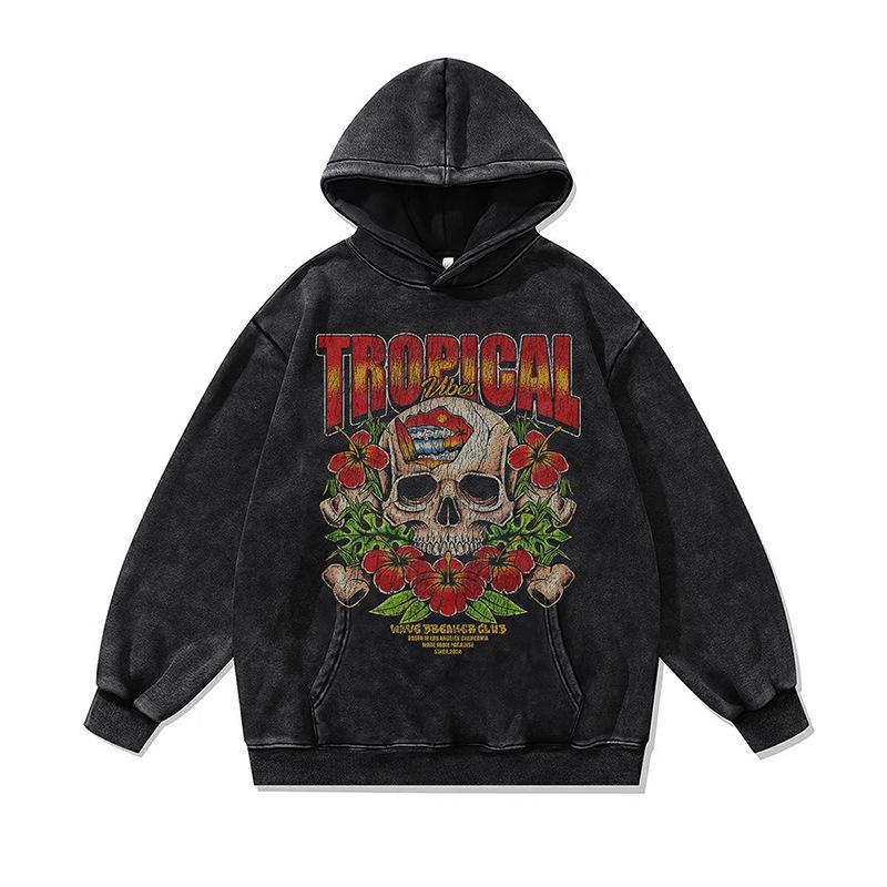 American Retro Skull Print Hoodie Jacket Autumn And Winter Heavy Washed Old Hooded Sweater Men And Women