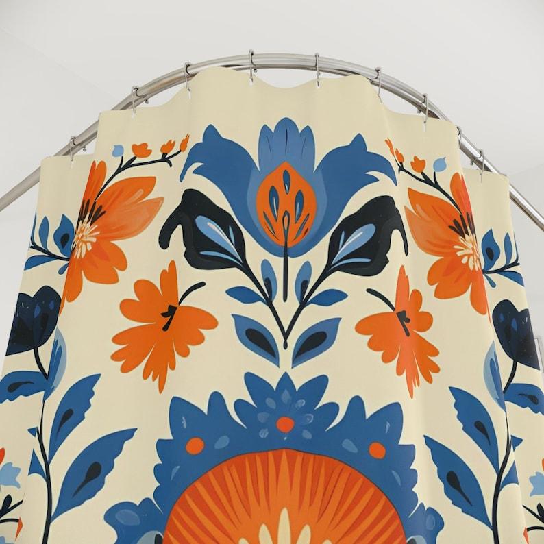 Tenda da Doccia Scandinava, Tenda da Doccia con Design Floreale Folk Art Color Crema Arancio e Blu