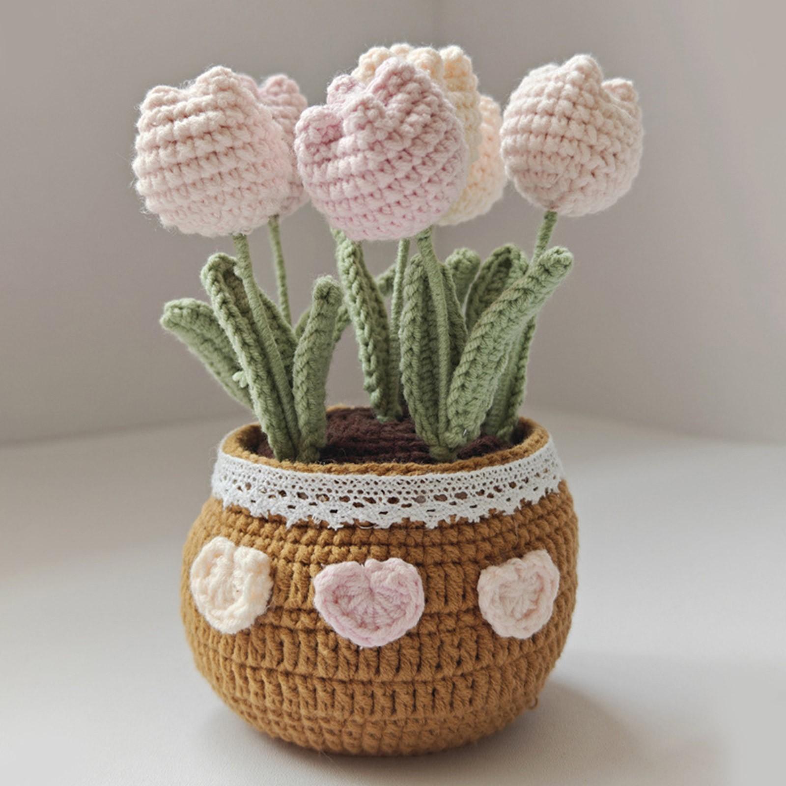 

Woolen Potted Ornaments Artificial Flower Crochet Flower Potted Plush Doll Desktop Decoration 1pc One Size