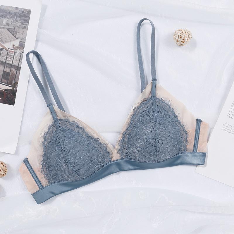 

Romantic Sexy Triangle Cup Eyelashes Lace Underwear Women s Small Breasts Not Empty Steel Rim Bar Bra XL світло-синій колір