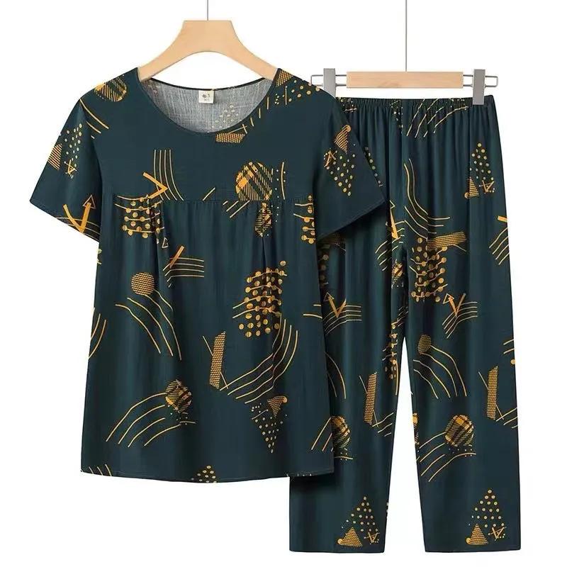 Conjunto Casual de Verão Plus Size Feminino para Idosos, Gola Redonda, Pulôver Solto + Calça de Sete Pontos, Seção Fina, Conjunto de Duas Peças