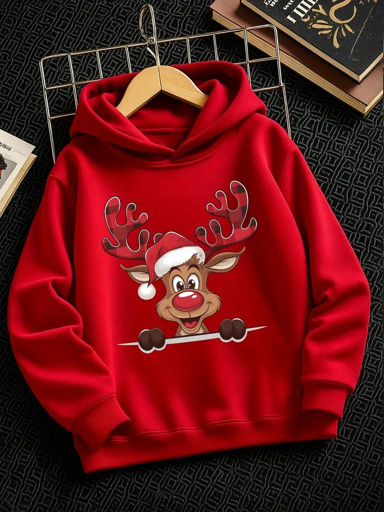 Cute Christmas Reindeer Print Children's Hoodie, Holiday Party Gift, Autumn and Winter Warm Fleece Comfortable Sweatshirt.