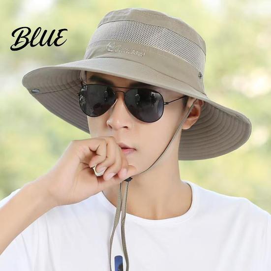 Wide Brim Hat for Beach Summer Mesh Spliced Bucket Men Women Extra Sun Foldable Outdoor Hiking with Adjustable Drawstring Portable Cap Fishing