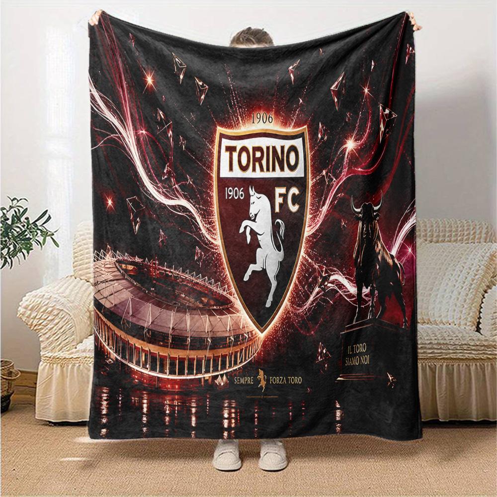 Football Torino Design Flannel Blanket, Soft Polyester, Modern Design, All-Season for Camping, Travel, Gifts for holidays or birthdays