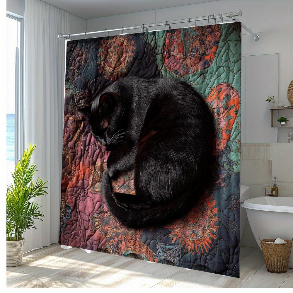 1pc Cute Black Cat & Vibrant Floral Shower Curtain - Polyester, Washable, 70. 8x70. 8 Inches with 12 Hooks, Ideal for Bathroom