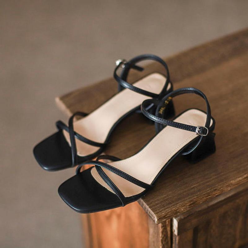 Fhanchu Damesandaler med myk såle, Mote Firkantede Høye Hæler Sommersko Ankelspenne, Åpen Tå, Svart, Beige, Dropship