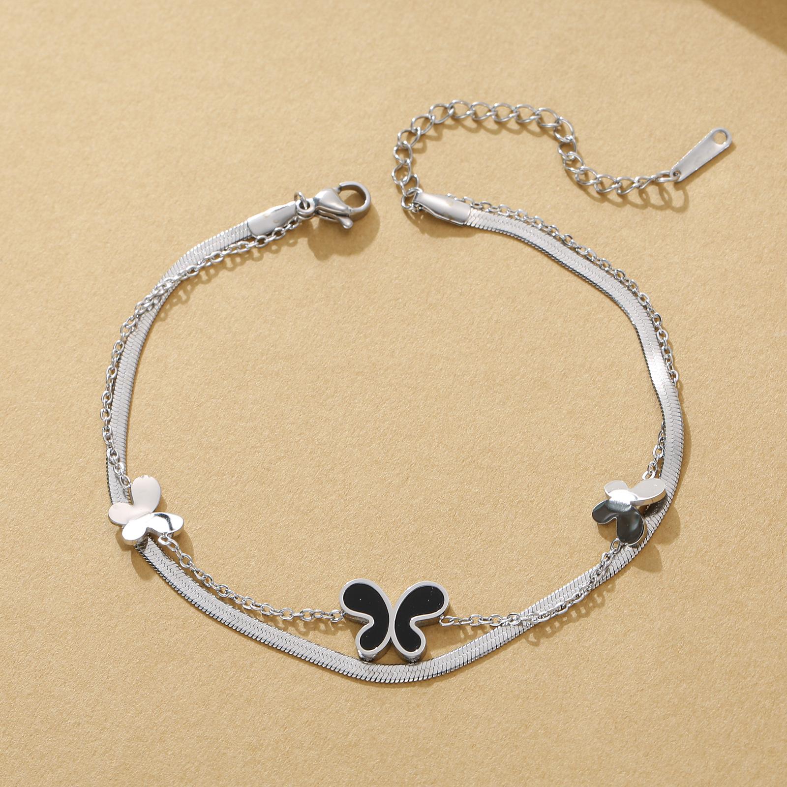

Gold Silver Butterfly Anklets for Women Stainless Steel Double Layer Black Enamel Butterfly Ankle Bracelets Beach Jewelry Gift black