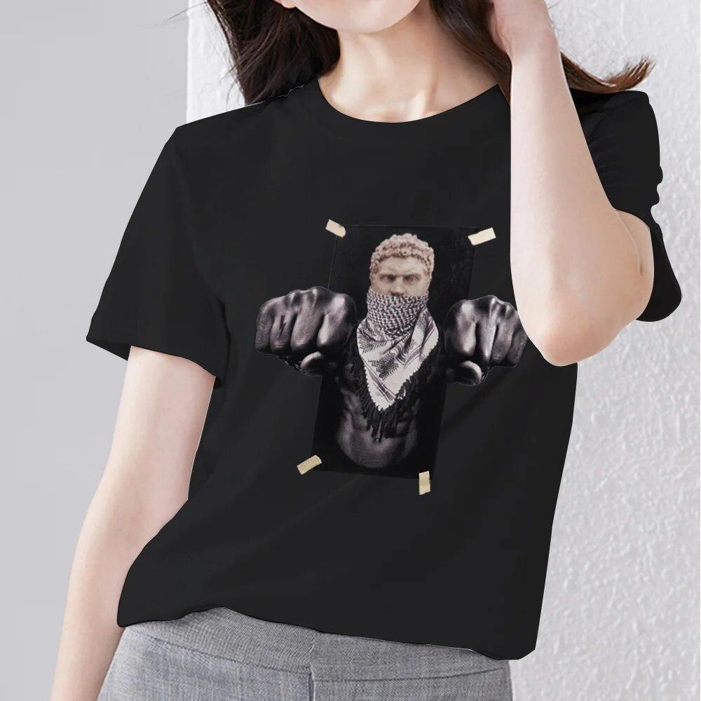 Retro Frauen Kleidung T-shirt Casual Slim Top Einfache Schwarz Pendler Kurzarm Lustige Skulptur Print Damen Mode O-ansatz Top