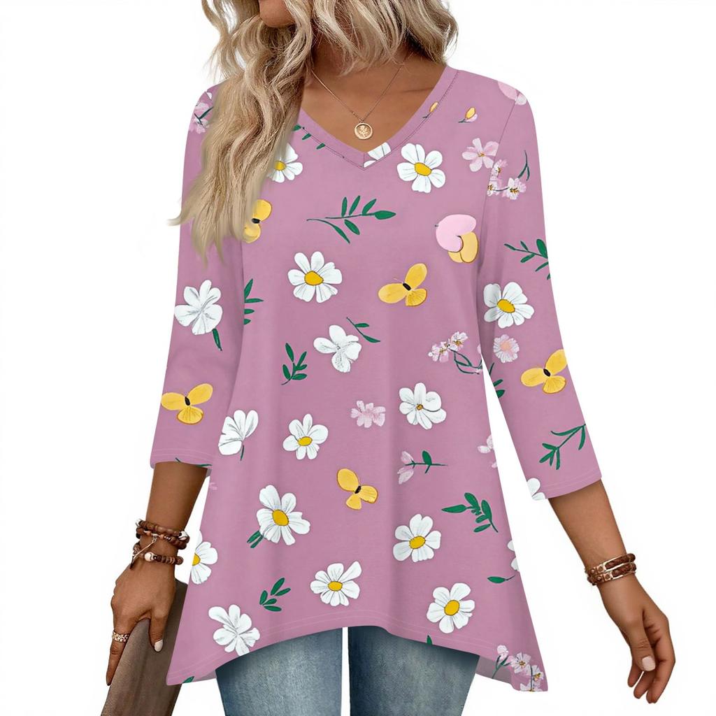 Dámské topy s výstřihem do V a 3/4 rukávem, ležérní košile střední délky, módní tuniky s potiskem