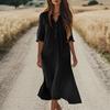 Women's Fashionable Cotton And Linen Button Solid-color Half-sleeved Loose Pocket Dress