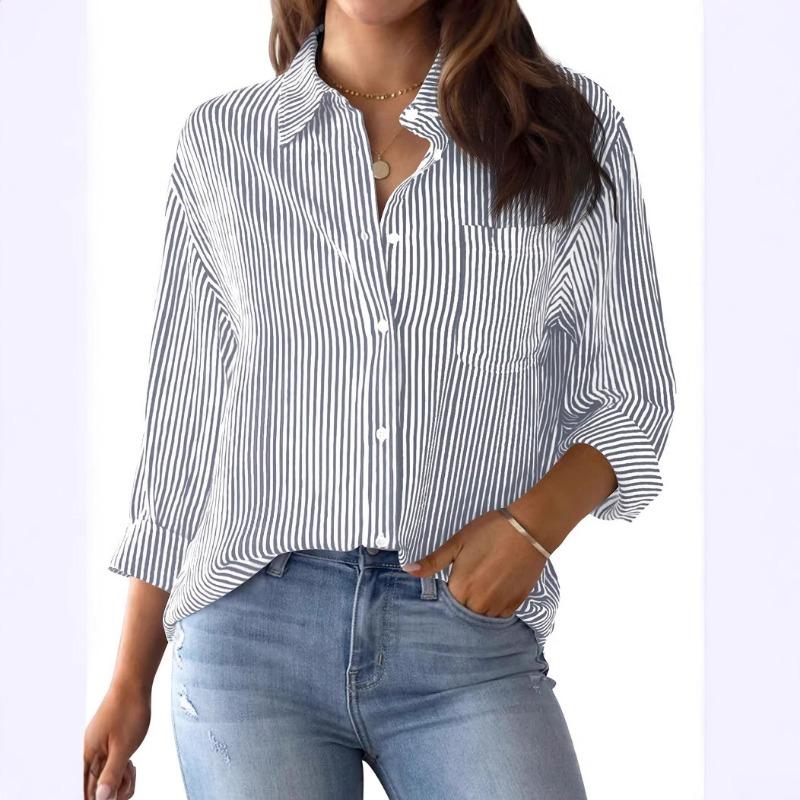 Spring Autumn New Printed Striped Casual Shirts Women Loose Cardigan Top Fashion Long Sleeve Office Blouse Woman Simple Vintage Lapel Pocket Clothes