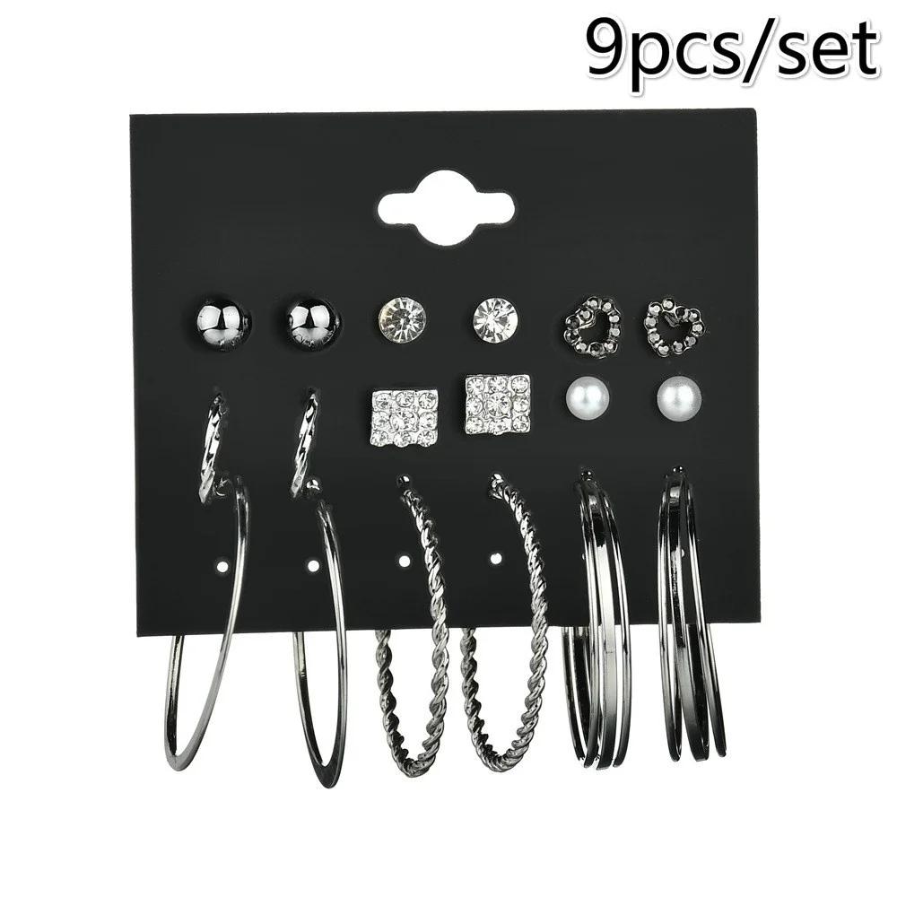 9 Pairs/set Earrings Circle Combination Set Earrings Earrings Set Silver Jewelry Accessories