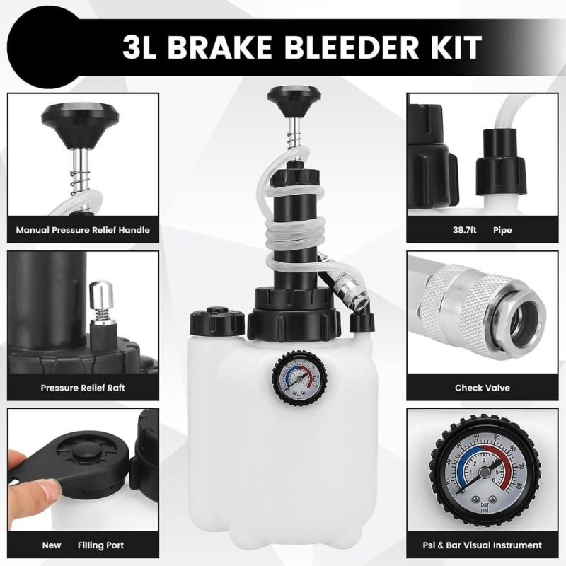 Brake Bleeding Tool 3L Capacity with 4 Universal Connector Ergonomic Design Fluid Evacuators for DIY Auto Maintenance