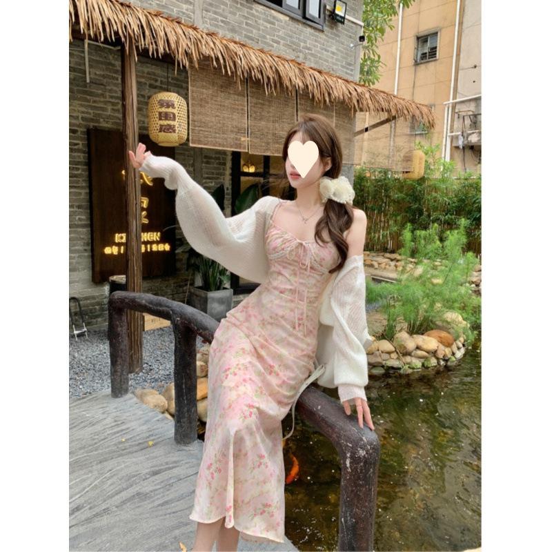 Pink new floral suspender dress, thin early spring beautiful lace vacation dress