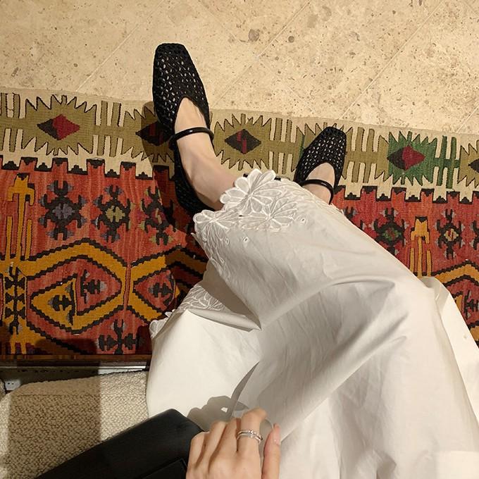 Sheepskin Version~ French Square Head Hollow Mesh Leather Sandals Women's New Soft-soled Woven Sandals Mary Jane Single Shoes