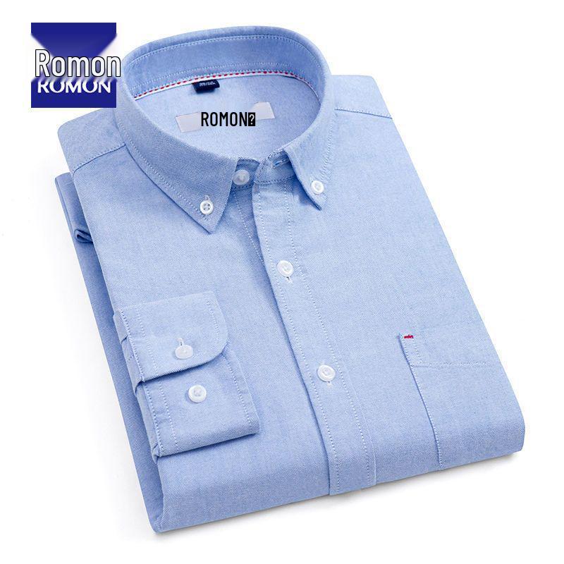 Romon Men's High-End Blue & White Cotton Oxford Long Sleeve Button-Down Shirt