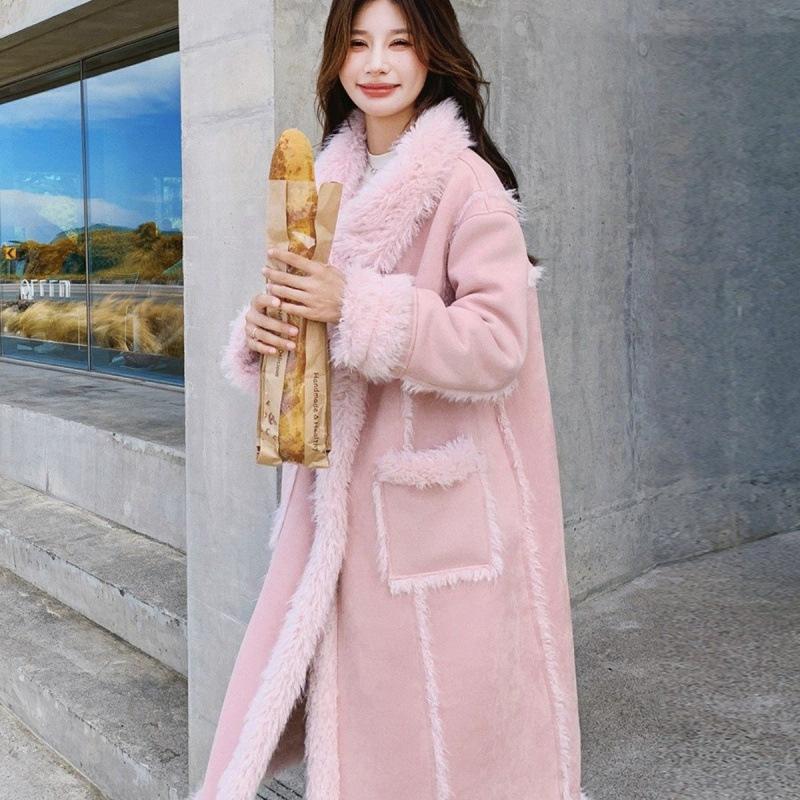 Pink Fur Integrated Coat for Women's Autumn and Winter New Long Thickened Wool Cotton Clothes
