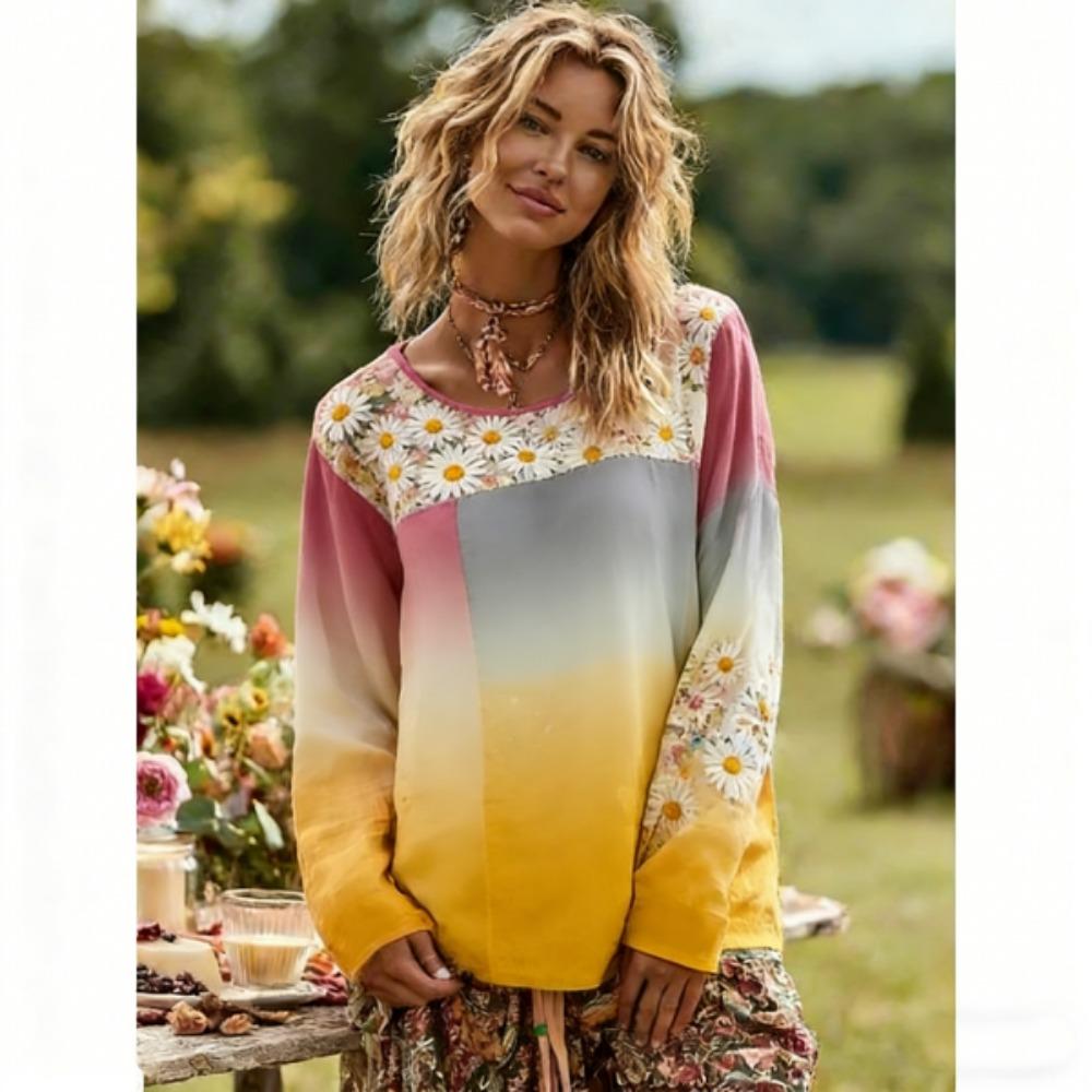 

Europe America Women s T-shirt Fashion Floral Print Pullover Bohe Style Women Long Sleeve T-shirt Outdoor Casual Tees Top S