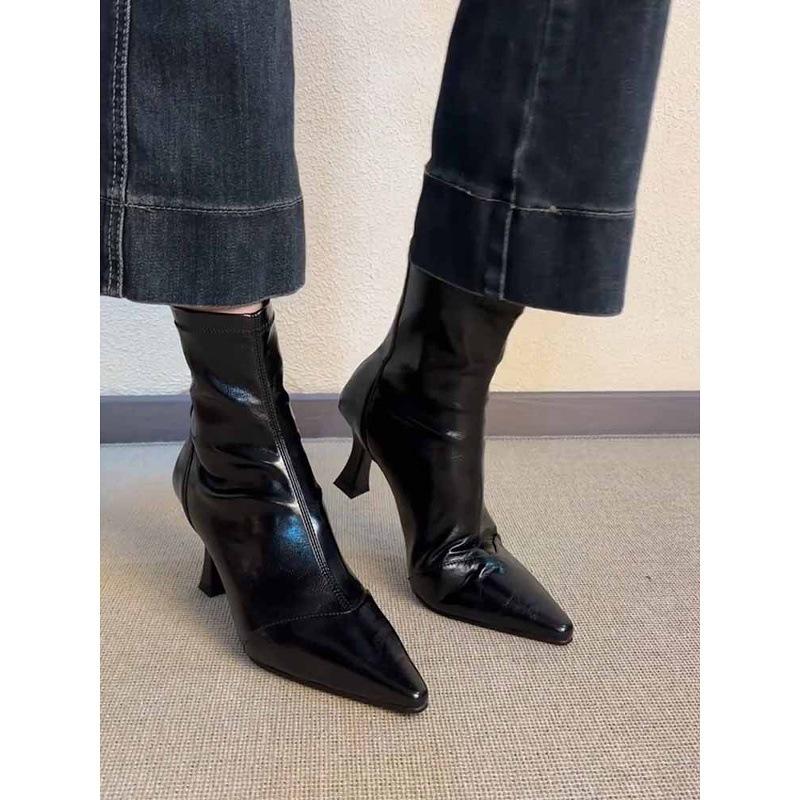 High Heel Pointed Short Boots Slim Heel Elastic Boots Women's Soft Leather Zipper Skinny Boots