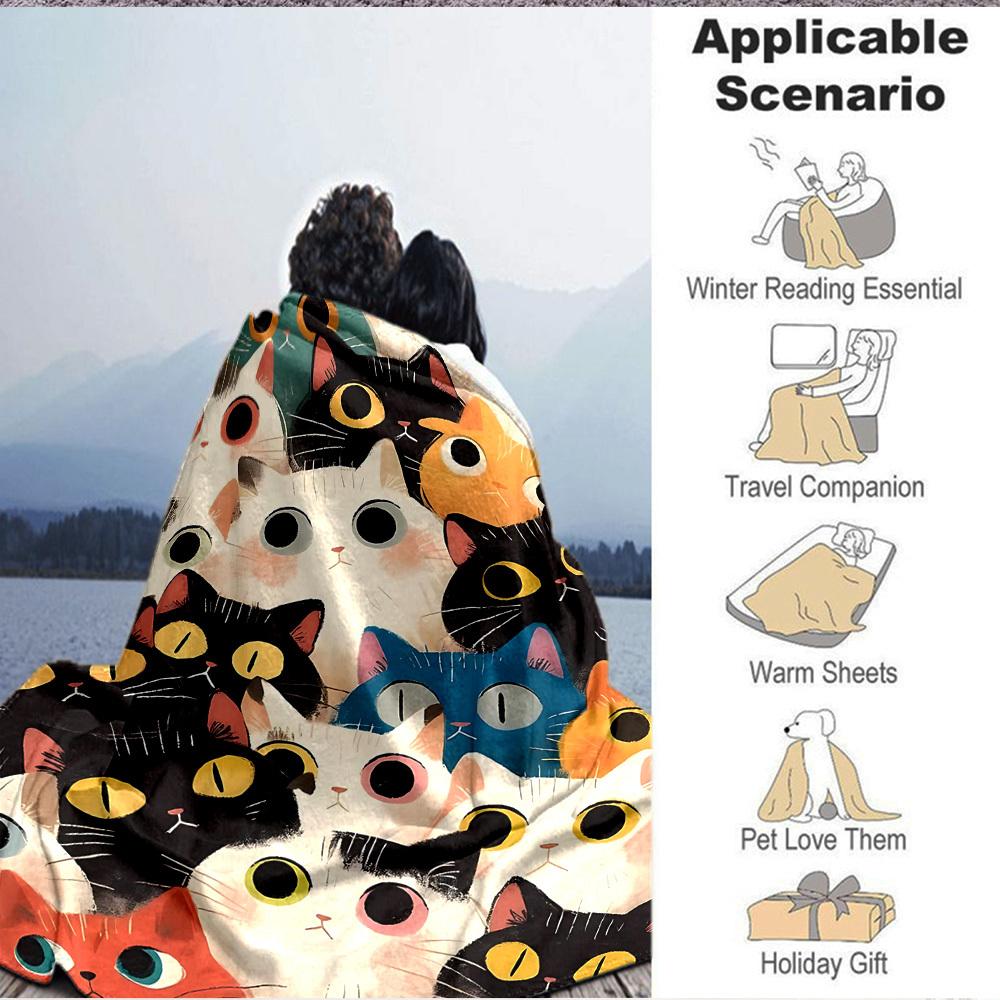 1pc Cat Pattern Print Blanket - Lightweight Flannel Throw Blanket For Sofa, Bed, Living Room, Office, Outdoor Travel, Camping, Soft All-Season Throw