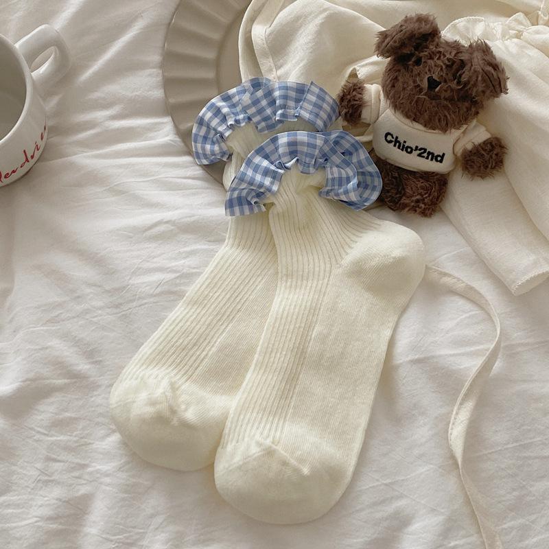 

5pair Socks Women S Jk Blue Plaid Lace Double Needle Socks Spring And Summer Thin Short Socks Women S Socks One size fits all молоко, білий колір