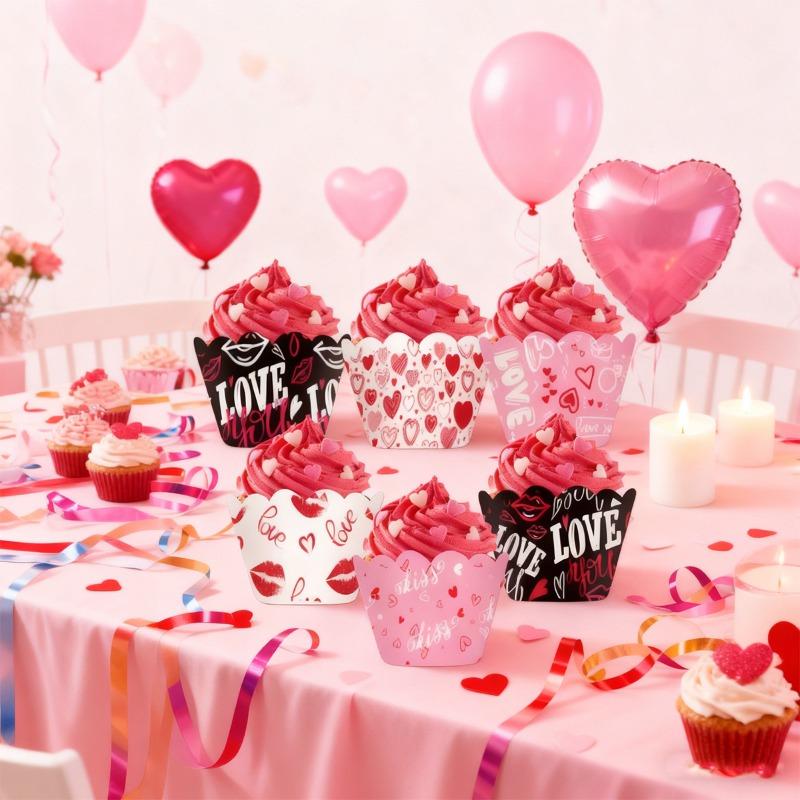 12pcs/set Valentine's Day Decor Scene Prop Heart Baking Cake Wrappers Party Decor Supplies Cake Decoration Accessories