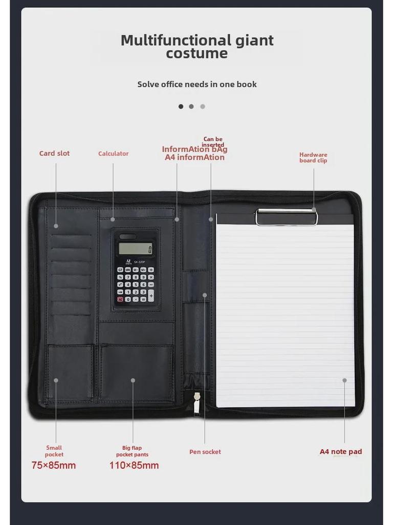 A4 Leather Multifunctional Zipper Briefcase with Notepad for Business Documents