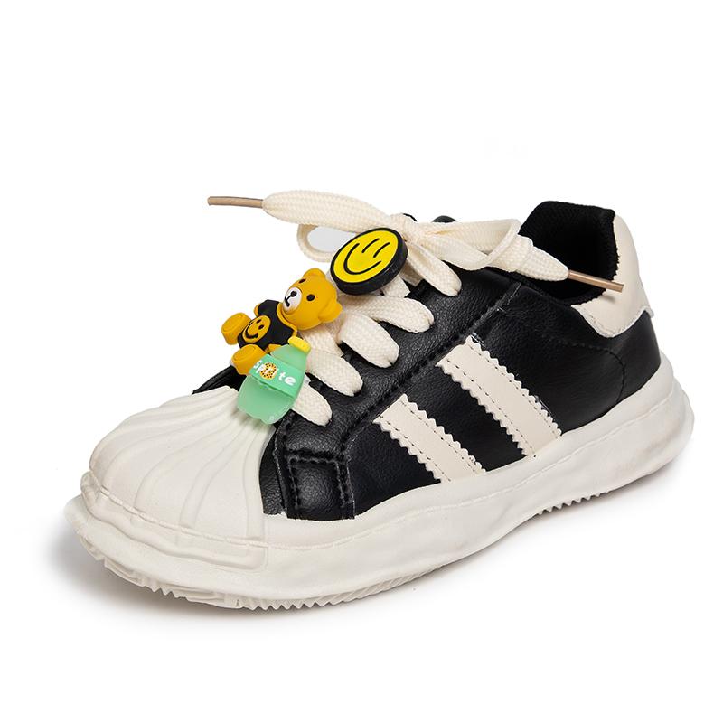 

Белые туфли для девочек 2024 года, модные детские милые 3D-медведи, улыбка, нескользящие, весенние, новые, дышащие, повседневные, детские, на шнуровке, нескользящие 26 чёрный