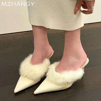 Fashion Women Fur Pointed Toe Slippers Suede Slingback Mid Heels Shoes Woman 2025 Trend Elegant Winter Shallow Pumps Slippers Flip Flops