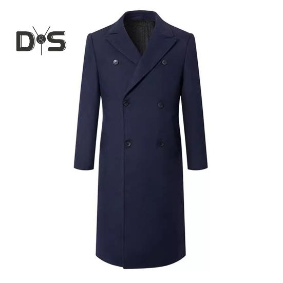 Men Windbreaker Suit Collar Long Sleeve Double-Breasted Thickened Woolen Coat Solid Color Pockets Design Mid-length Outwear