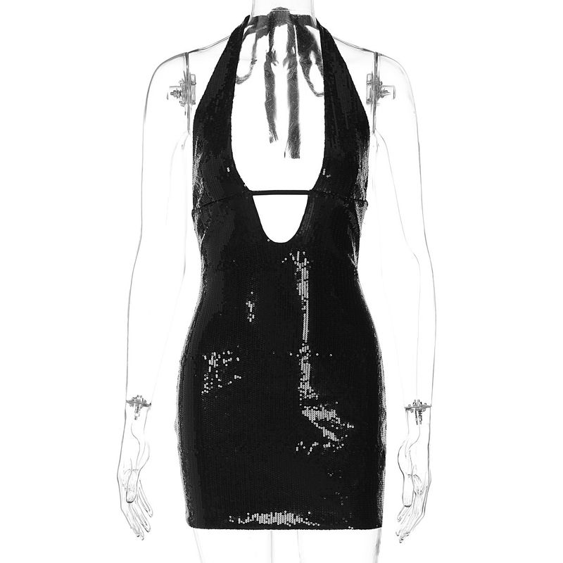 

Deep V Hollow out Seamless Dress Deep V-neck Hollow-out Backless Halter Dress Black XS