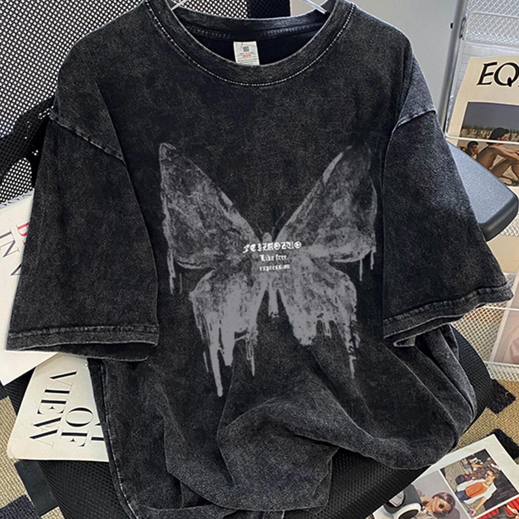T-shirt Trendy da Donna Taglie Forti 2024 in Cotone Larga Effetto Usurato - Manica Corta, Top con Spalle Dritte per l'Estate