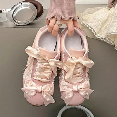 Scarpe Sportive Casual con Suola Spessa 2025 Perle Perlate Cuore Dolce Scarpe da Ballo con Fiocco da Donna Scarpe da Ginnastica da Donna Zapatillas De Mujer