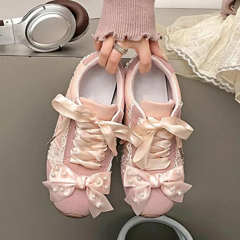 Fashion Hot Selling Thick-Soled 2025 Pearl Beaded Sweet Heart Casual Sports Shoes Women's Bowknot Ballet Flats Women Zapatillas De Mujer