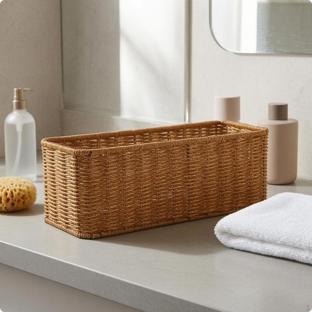 Faux Rattan Basket Light Brown Woven Handwoven Texture Open Top Organizer Bin for Countertop,