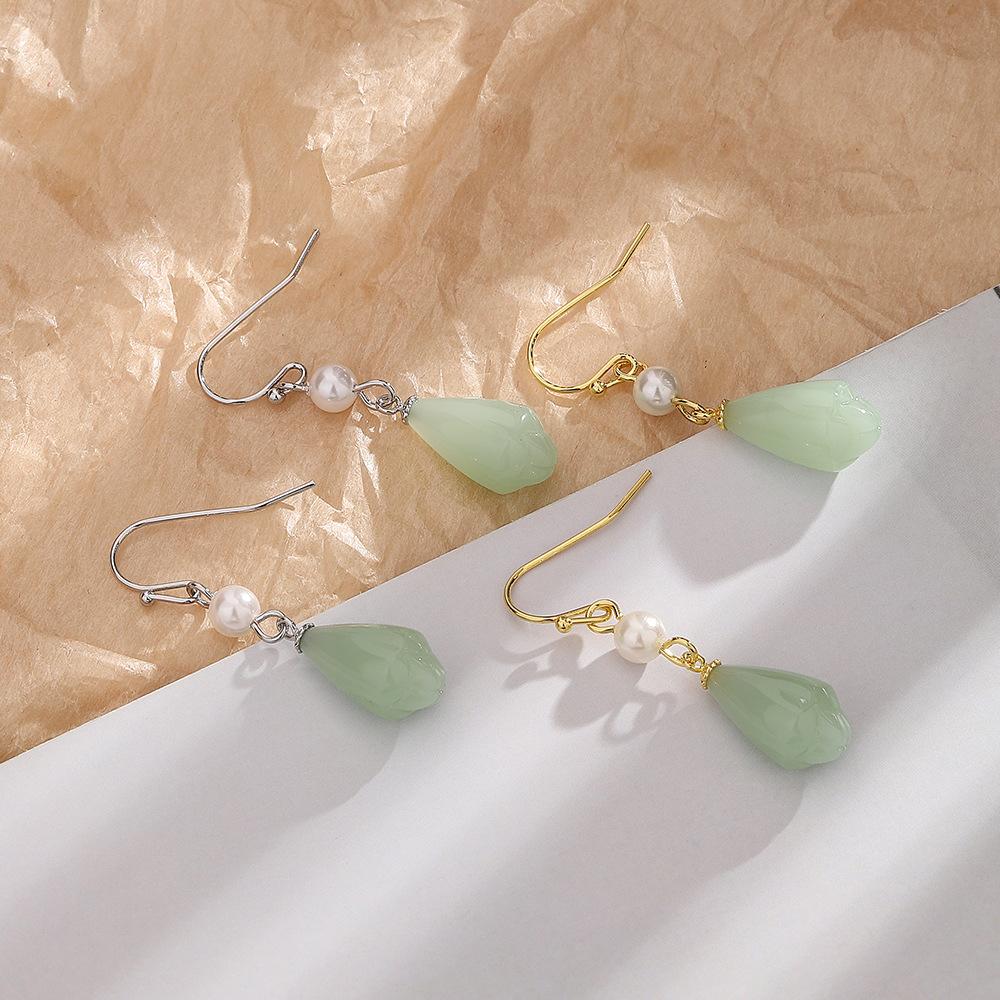 Magnolia Hetian Jade Earrings Short Temperament Elegant Ear Hook Female Classical Court Style Jasper Flower Pearl Earrings