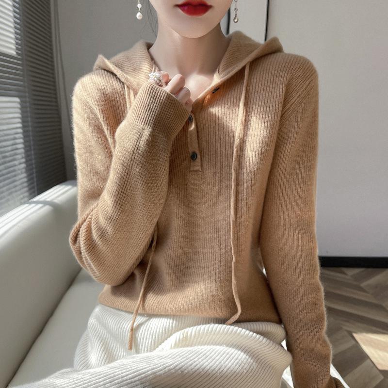Women's Cashmere Hooded Knit Sweater - Autumn/Winter Collection, Loose Fit, Short Pullover Hoodie.
