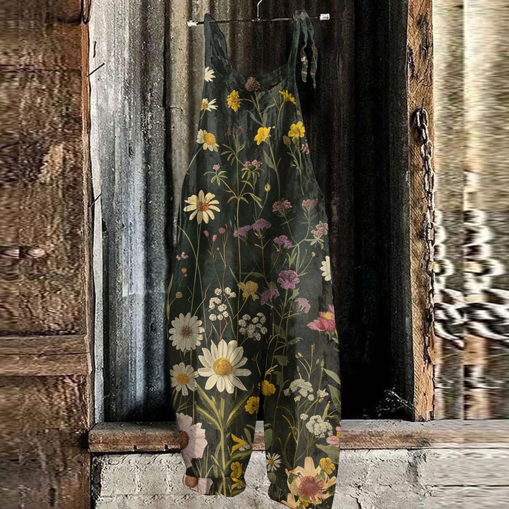 Women's Jumpsuit Floral Print Casual Loose Vintage Shoulder Strap Cotton Linen